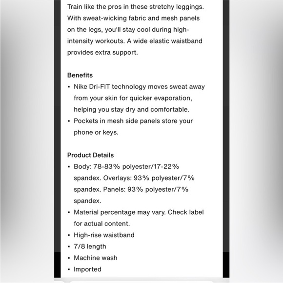 Nike Pro DriFit High Waisted 7/8 training leggings with pockets. (NWT) - Picture 6 of 12